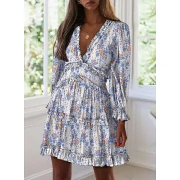 Dokotoo Womens Sun Casual V Neckline Long Sleeve Open Back Floral Print Mini Dress Bohemian Fashion Skater A Line Ruffle Hem Beach Dresses White X-Large