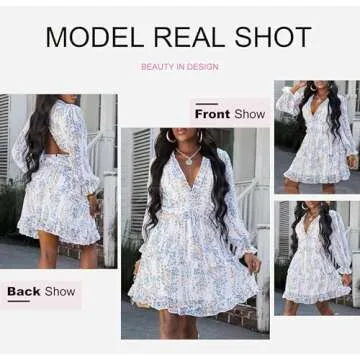 Dokotoo Womens Sun Casual V Neckline Long Sleeve Open Back Floral Print Mini Dress Bohemian Fashion Skater A Line Ruffle Hem Beach Dresses White X-Large