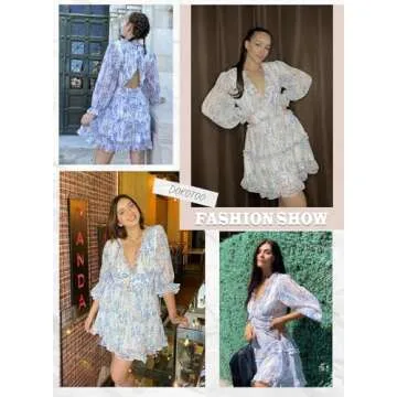 Dokotoo Womens Sun Casual V Neckline Long Sleeve Open Back Floral Print Mini Dress Bohemian Fashion Skater A Line Ruffle Hem Beach Dresses White X-Large