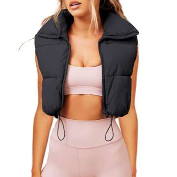 SeeLuNa Women's Cropped Puffer Vest Zip Up Lightweight Padded Gilet Stand Collar Sleeveless Jacket (Black,L)