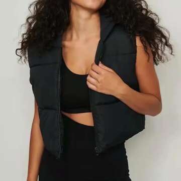 SeeLuNa Women's Cropped Puffer Vest Zip Up Lightweight Padded Gilet Stand Collar Sleeveless Jacket (Black,L)