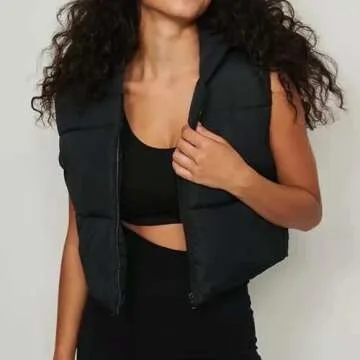 SeeLuNa Women's Cropped Puffer Vest Zip Up Lightweight Padded Gilet Stand Collar Sleeveless Jacket (Black,L)