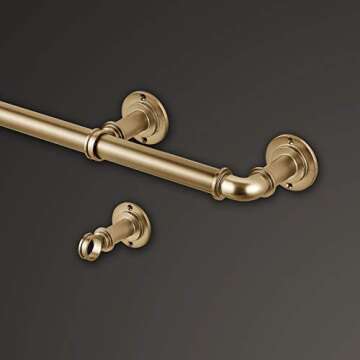 MODE Industrial Room Darkening Collection 1 1/8" Diameter Industrial Curtain Rod Set with Steel Wall Mounted Adjustable Curtain Rod, Blocks Light, Fits 36” to 72” Windows, Warm Gold