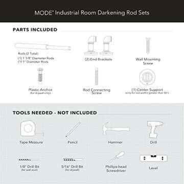 MODE Industrial Room Darkening Collection 1 1/8" Diameter Industrial Curtain Rod Set with Steel Wall Mounted Adjustable Curtain Rod, Blocks Light, Fits 36” to 72” Windows, Warm Gold