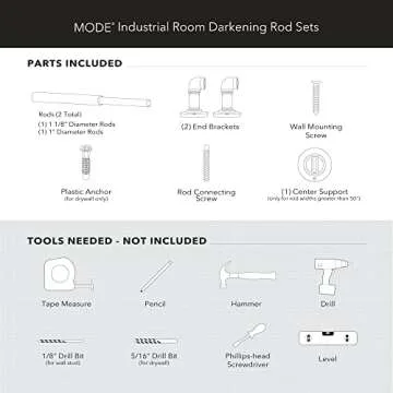 MODE Industrial Room Darkening Collection 1 1/8" Diameter Industrial Curtain Rod Set with Steel Wall Mounted Adjustable Curtain Rod, Blocks Light, Fits 36” to 72” Windows, Warm Gold