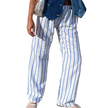 Muineobuka Women Y2k Striped Pants Wide Leg Stripes Print Lounge Pants High Waist Drawstring Striped...