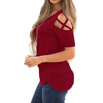 Adreamly Women's Casual Summer Short Sleeve Loose Strappy Cold Shoulder Tops Basic T Shirts Blouses Burgundy Large