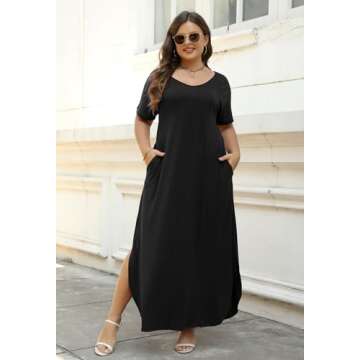 Nemidor Women's Casual Loose Pocket Long Dress Short Sleeve Plus Size Slit Maxi Dress (24, Black)