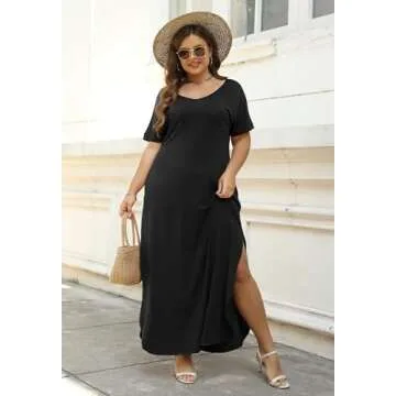 Nemidor Women's Casual Loose Pocket Long Dress Short Sleeve Plus Size Slit Maxi Dress (24, Black)