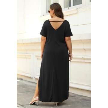 Nemidor Women's Casual Loose Pocket Long Dress Short Sleeve Plus Size Slit Maxi Dress (24, Black)