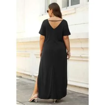 Nemidor Women's Casual Loose Pocket Long Dress Short Sleeve Plus Size Slit Maxi Dress (24, Black)