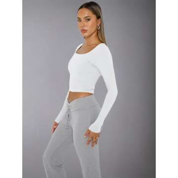 Trendy Queen Womens Long Sleeve Shirts Crop Tops Square Neck Going Out Basics Tees Y2K Winter Clothes 2025 White S