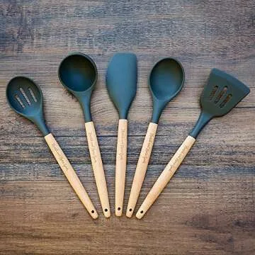 Hearth and Home Goods 5-Piece Cooking Utensils - Silicone with Beech Wood Handle - Includes Slotted and Solid Spoons, Spatula, Turner and Ladle, Dark Gray