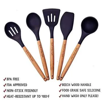 Hearth and Home Goods 5-Piece Cooking Utensils - Silicone with Beech Wood Handle - Includes Slotted and Solid Spoons, Spatula, Turner and Ladle, Dark Gray