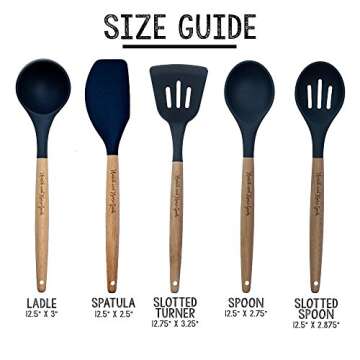 Hearth and Home Goods 5-Piece Cooking Utensils - Silicone with Beech Wood Handle - Includes Slotted and Solid Spoons, Spatula, Turner and Ladle, Dark Gray