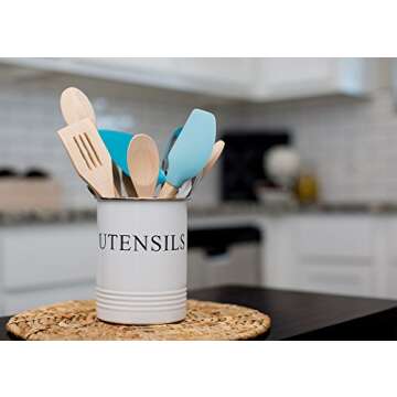 Kitchen Utensil Holder - Farmhouse Decor for Home - White Crock Organizer Caddy - Great for Large Co...