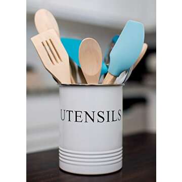 Kitchen Utensil Holder - Farmhouse Decor for Home - White Crock Organizer Caddy - Great for Large Cooking Tools by H+K Designs