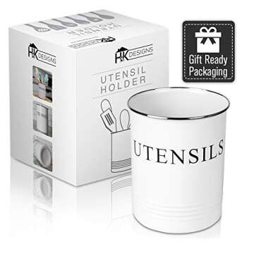 Kitchen Utensil Holder - Farmhouse Decor for Home - White Crock Organizer Caddy - Great for Large Cooking Tools by H+K Designs