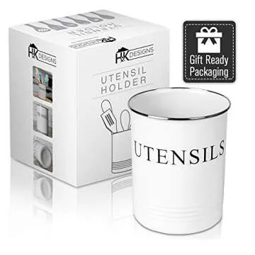 Kitchen Utensil Holder - Farmhouse Decor for Home - White Crock Organizer Caddy - Great for Large Cooking Tools by H+K Designs