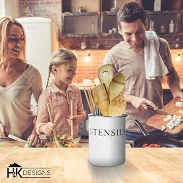 Kitchen Utensil Holder - Farmhouse Decor for Home - White Crock Organizer Caddy - Great for Large Cooking Tools by H+K Designs