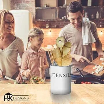 Kitchen Utensil Holder - Farmhouse Decor for Home - White Crock Organizer Caddy - Great for Large Cooking Tools by H+K Designs