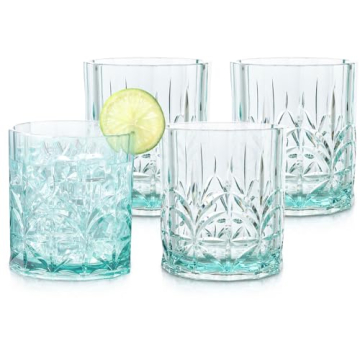BELLAFORTE Shatterproof Tritan Plastic Short Tumbler, Set of 4, 13oz - Myrtle Beach Unbreakable Crystal Cut Old Fashioned Drinking Glasses for Whiskey - BPA Free - Dishwasher Safe - Teal