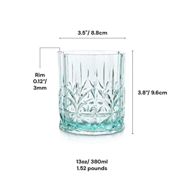 BELLAFORTE Shatterproof Tritan Plastic Short Tumbler, Set of 4, 13oz - Myrtle Beach Unbreakable Crystal Cut Old Fashioned Drinking Glasses for Whiskey - BPA Free - Dishwasher Safe - Teal