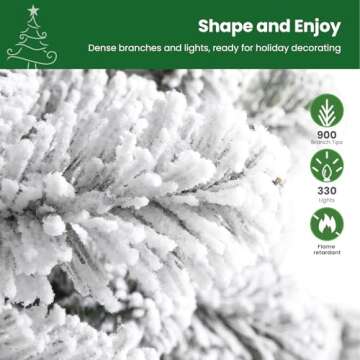 SHareconn 6ft Prelit Snow Flocked Artificial Holiday Christmas Tree with Remote (Upgraded), 330 Pre-Lit Multi-Color RGB Lights, Full Snow Branch Tips for Home, Office, Party Decoration, 6 FT, White