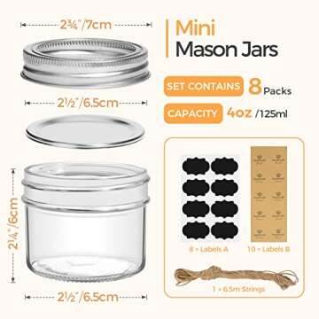 ComSaf Mini Mason Jars 4oz - 8 Pack, Regular Mouth Mason Jar with Lids and Seal Bands, Small Glass C...