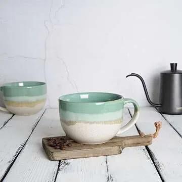 Bosmarlin Ceramic Jumbo Coffee Mug Set of 2, 23 Oz, Large Mug Soup Bowls with Handles, Dishwasher and Microwave Safe (Mint Green)