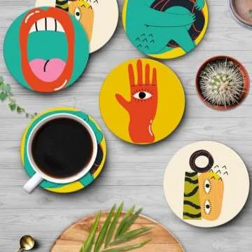 Britimes Table Coaster for Drinks Set of 6, Cute Funny Vintage Music Retro Geometric Coffee Absorbent Round Ceramic Stone Mat, with Cork Base and Metal Holder, Gift for Housewarming Room Bar Decor