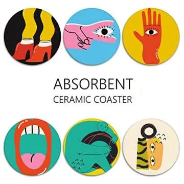 Britimes Table Coaster for Drinks Set of 6, Cute Funny Vintage Music Retro Geometric Coffee Absorbent Round Ceramic Stone Mat, with Cork Base and Metal Holder, Gift for Housewarming Room Bar Decor