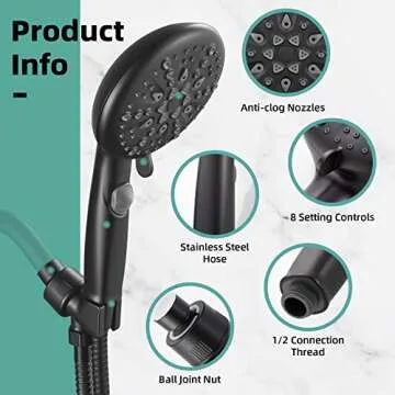 Cobbe High Pressure 9 Functions Shower Head with handheld - Luxury Modern Black Look, Built-in Power Spray to Clean Corner, Tub and Pets, Stainless Steel Hose Adjustable Bracket(Matte Black)