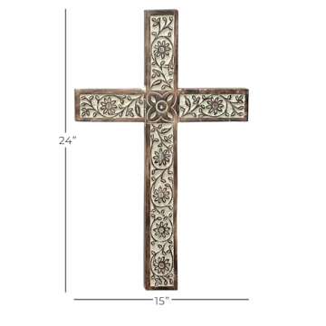 Deco 79 Mango Wood Biblical Home Wall Decor Carved Cross Wall Sculpture, Wall Art 15" x 1" x 24", Brown