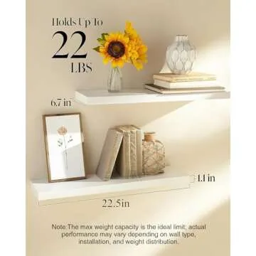 BAYKA Floating Shelves, 22.5" Wall Mounted Rustic Wood Shelves for Bathroom, Bedroom, Living Room, Kitchen, Office, Hanging Shelf for Books/Storage/Room Decor with 22lbs Capacity (White, Set of 2)