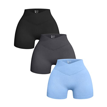 OQQ Women's 3 Piece Yoga Shorts Ribbed Seamless Workout High Waist Cross Over Athletic Leggings Blac...