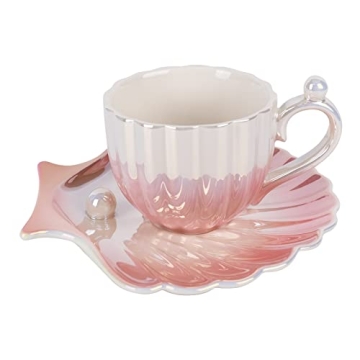 Koythin Ceramic Coffee Mug with Saucer, Creative Pearl Shell Cup, Cute Coffee Mugs for Office and Ho...