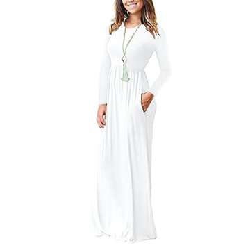 AUSELILY Women's Long Sleeve Dress Loose Plain Long Casual Maxi Dresses with Pockets 2025 New White2 L