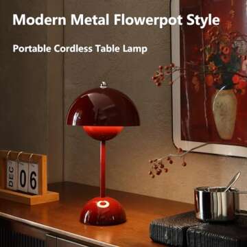 Glivpny Modern Flowerpot Table Lamp, Cordless Touch Table Lamp,Dimmable Rechargeable Mushroom Desk Lamp,Small Bedside Lamp,Nightstand Lamp for Indoor Outdoor (Red), JX-048