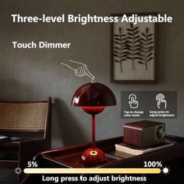 Glivpny Modern Flowerpot Table Lamp, Cordless Touch Table Lamp,Dimmable Rechargeable Mushroom Desk Lamp,Small Bedside Lamp,Nightstand Lamp for Indoor Outdoor (Red), JX-048