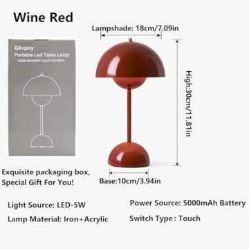 Glivpny Modern Flowerpot Table Lamp, Cordless Touch Table Lamp,Dimmable Rechargeable Mushroom Desk Lamp,Small Bedside Lamp,Nightstand Lamp for Indoor Outdoor (Red), JX-048