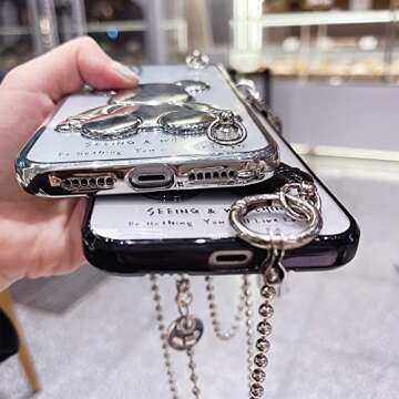 Compatible with iPhone 12 Case / 12 Pro Case, Cute Cartoon 3D Animal Character Cover with Metal Lanyard Bell Pendant and Bear doll, TPU Protective Phone Case Kawaii Cover Case for Kids Girls Women