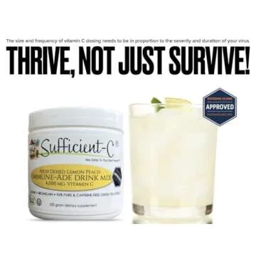 Sufficient-C High-Dosed 4000 mg. Vitamin C Lemon Peach Immune-Ade Drink Mix 250 gram Size - Refreshing with Generously Dosed L-lysine, Bromelain & 96% Pure, Caffeine-Free Green Tea Extract