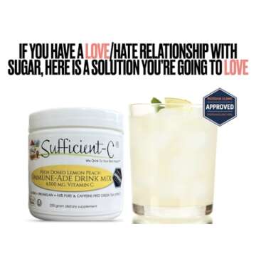 Sufficient-C High-Dosed 4000 mg. Vitamin C Lemon Peach Immune-Ade Drink Mix 250 gram Size - Refreshing with Generously Dosed L-lysine, Bromelain & 96% Pure, Caffeine-Free Green Tea Extract
