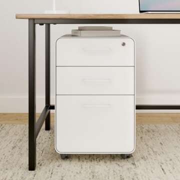 Poppin Stow 3-Drawer Rolling File Cabinet - White. 2 Utility Drawers and 1 Hanging File Drawer. Two Locking and Two Non-Locking Wheels. Powder-Coated Steel. Two Keys Included