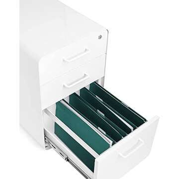 Poppin Stow 3-Drawer Rolling File Cabinet - White. 2 Utility Drawers and 1 Hanging File Drawer. Two Locking and Two Non-Locking Wheels. Powder-Coated Steel. Two Keys Included