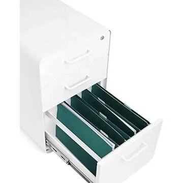 Poppin Stow 3-Drawer Rolling File Cabinet - White. 2 Utility Drawers and 1 Hanging File Drawer. Two Locking and Two Non-Locking Wheels. Powder-Coated Steel. Two Keys Included