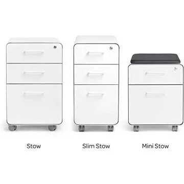 Poppin Stow 3-Drawer Rolling File Cabinet - White. 2 Utility Drawers and 1 Hanging File Drawer. Two Locking and Two Non-Locking Wheels. Powder-Coated Steel. Two Keys Included