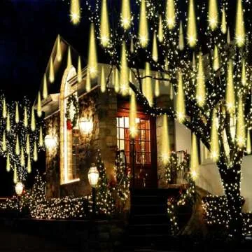 Adecorty Christmas Lights Outdoor, UL Certified Falling Rain Drop Lights 8 Tubes 192 LED Meteor Shower Lights Snow Dripping Icicle Lights for Xmas Tree Christmas Decorations Holiday Party, Warm White