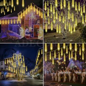 Adecorty Christmas Lights Outdoor, UL Certified Falling Rain Drop Lights 8 Tubes 192 LED Meteor Shower Lights Snow Dripping Icicle Lights for Xmas Tree Christmas Decorations Holiday Party, Warm White